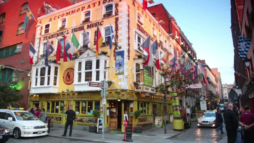 DUBLIN - JUNE 10: Flags of different countries on building on Temple Bar, June 10, 2010 in Dublin, Ireland. Temple Bar is promoted as "Dublin's cultural quarter"and has lively nightlife. 