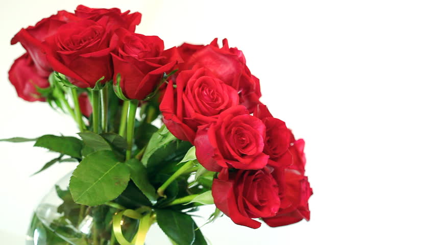 rotating bouquet of red roses in glass bowl. HD video 1920x1080. Shallow depth of field