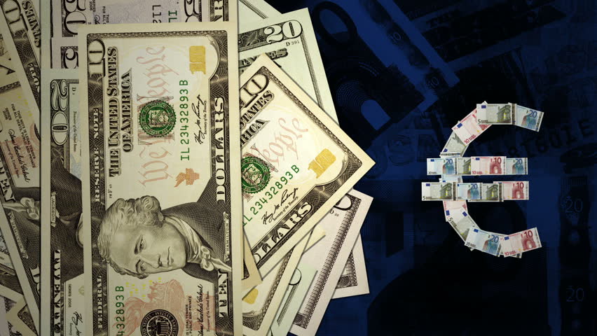A pile of dollar notes turns into a dollar sign and then the pile of Euro notes turns into a Euro sign. Loopable