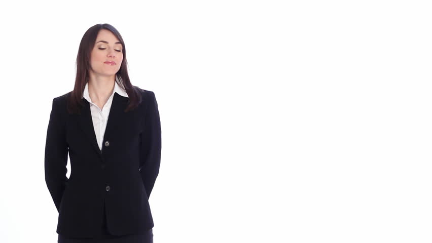 Presentation with copyspace. Attractive, professional woman uses hand to show something. Fill with your own graphic, video or text. 