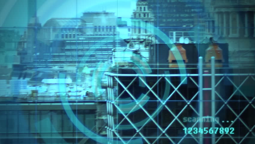 Computer tracking surveillance system scanning over the cityscape