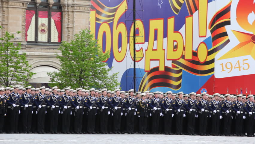 MOSCOW - MAY 6: Marines stand in row near GUM participate on rehearsal in honor of Great Patriotic War victory on Red Square on May 6, 2010 in Moscow, Russia
