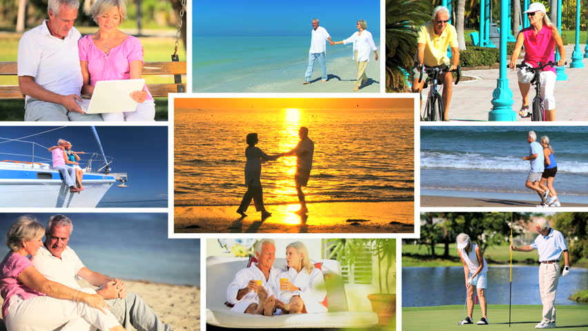 Montage collection of senior age people enjoying leisure and healthy sporting activities in retirement
