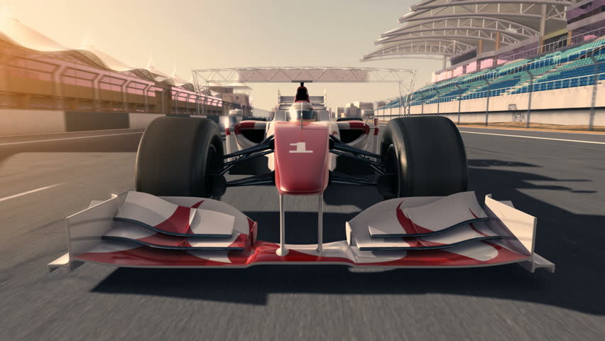 racecar speeding along the racetrack - frontal view - high quality 3d animation