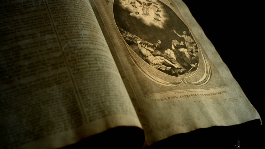Famous biblical passages, scripture verses, and scenes depicted in an old english bible.