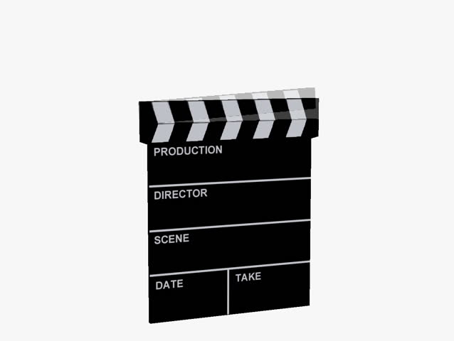 Animated film clapboard on white background with sound of the clap closing.