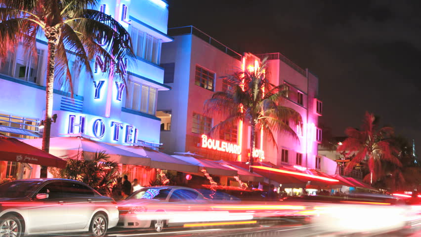 MIAMI BEACH, FLORIDA - JUNE 25: Cars pass through the Art Deco district on Ocean Drive in this timelapse view on June 25, 2011 in Miami Beach, Florida.