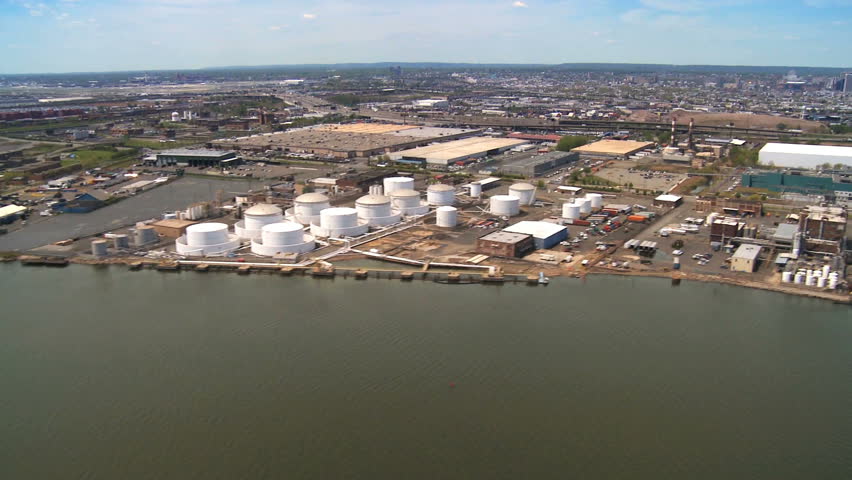 Helicopter Aerial view of Oil and Gas Storage tanks, New Jersey, New York State, North America, USA