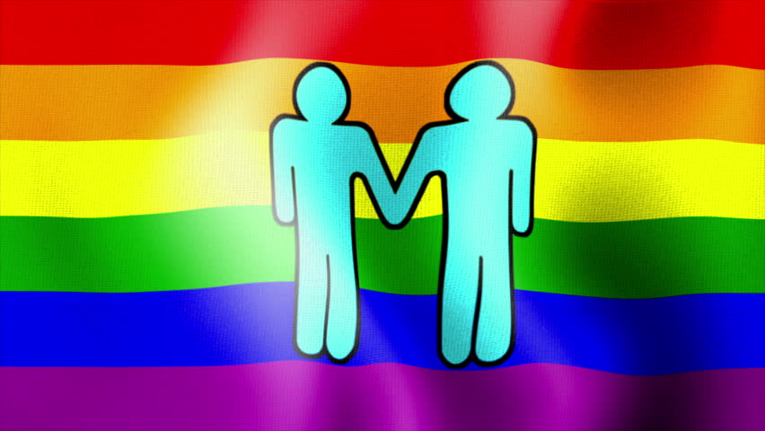 Waving rainbow flag with image of two males hand in hand
