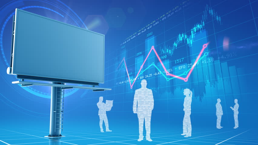 Group of business people stands near a blank billboard