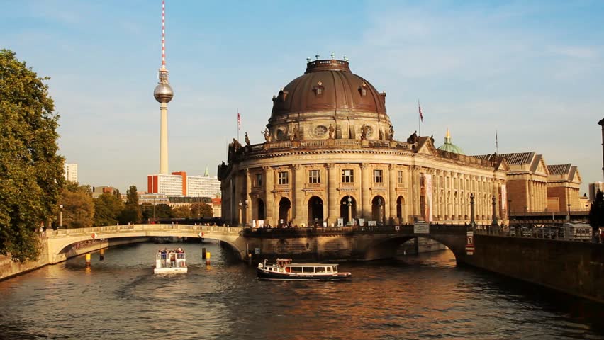 Picturesque clip of Berlins historic "Museumsinsel" with the landmark "Fernsehturm" in the background