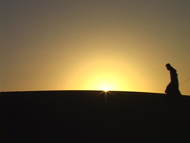 A man leads camels through the desert.