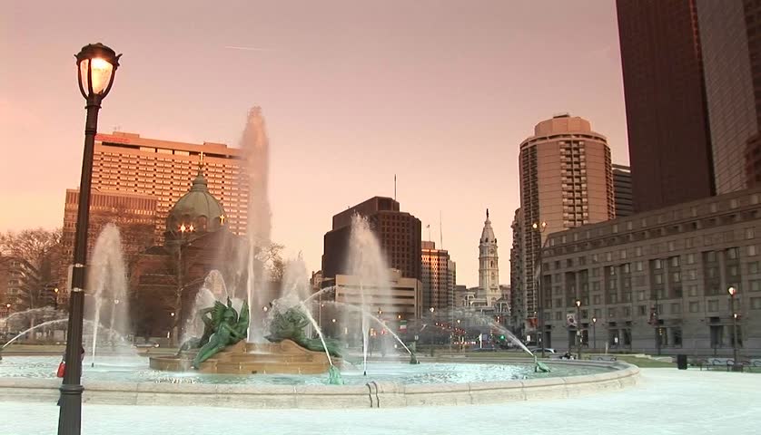 The downtown fountains of Philadelphia with city hall in background.