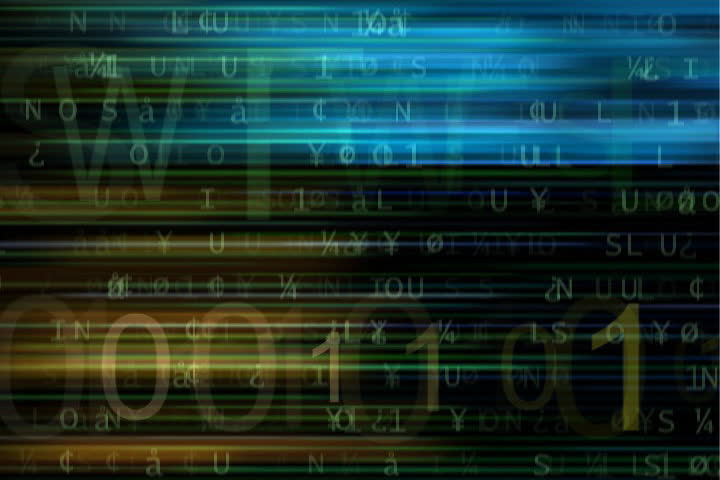 doors open on binary codes flashing on the screen with an alpha numeric background