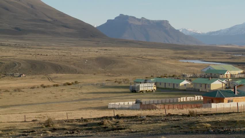 Pan across a large farm in a remote region of Patagonia, Aregentina, Chile.