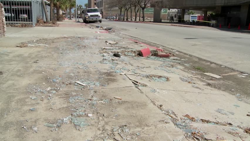 Tilt up of junk and refuse sits on the street during the cleanup after Hurricane Ike in Galveston, Texas.