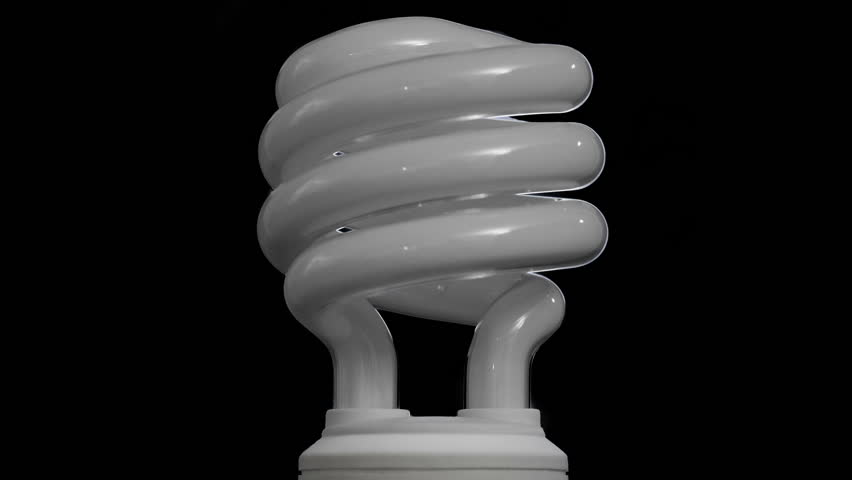 Zoom out of a compact fluorescent bulb flickering until it turns on as the background brightens to a green gradient.