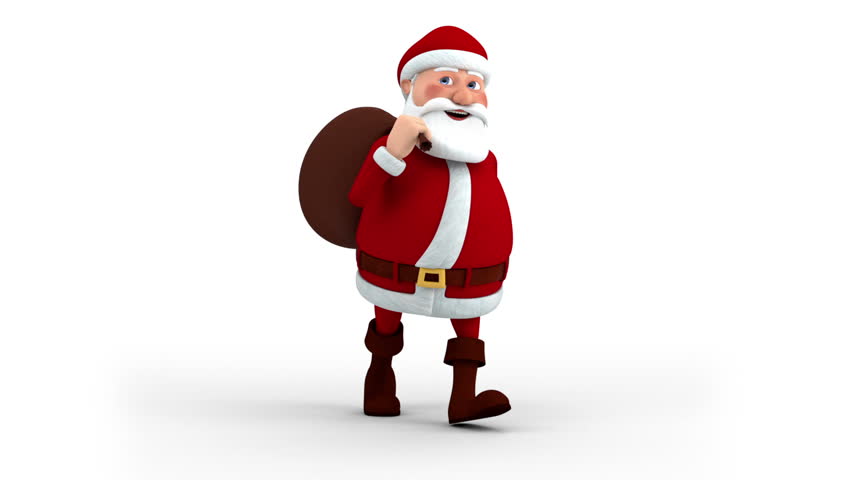 Cartoon Santa Claus with gift bag walking on the spot - semi front view - high quality 3d animation