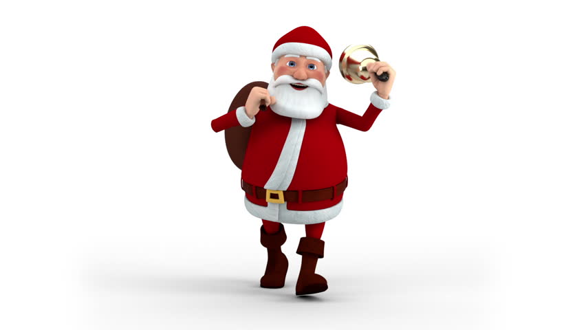 Cartoon Santa Claus walking with gift bag and bell - front view - high quality 3d animation