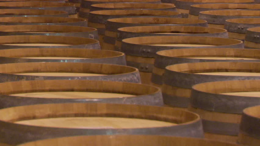 Wine barrels in a Santa Barbara County winery, California.