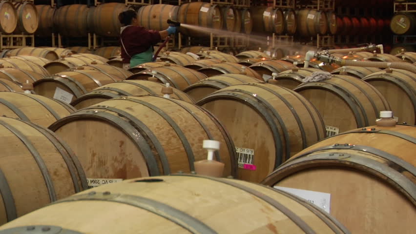A woman hoses off wine barrels in a Santa Barbara County winery, California.