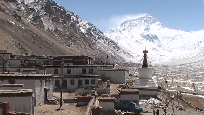 Wide view of entire Rongbuk Monastery with Mt. Everest in the background