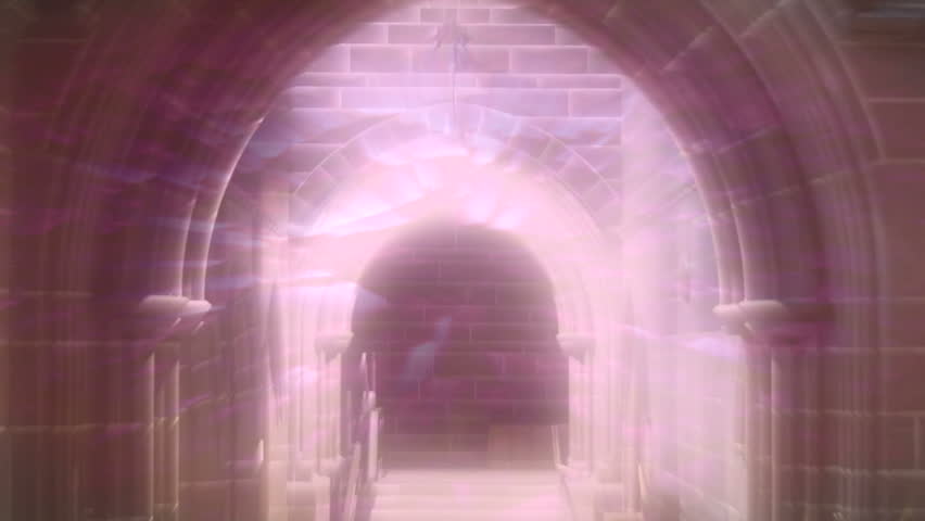 Eerie light rays glimmering around ancient arched church doorway. HD 1080i