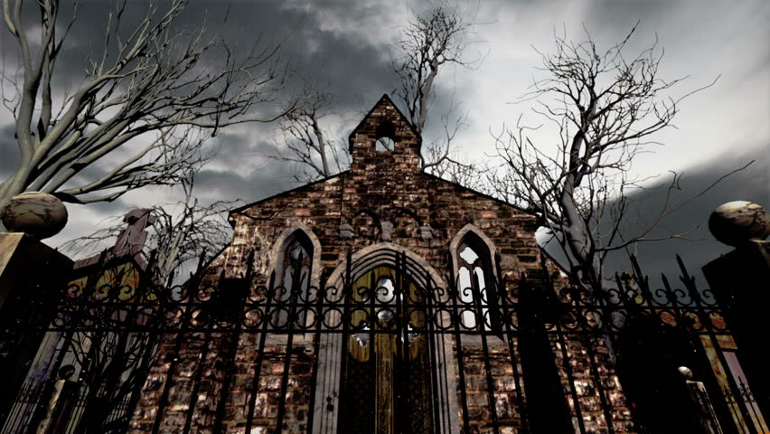 Scary Cemetery Crypt Scene Halloween 3D render composited with real clouds timelapse
