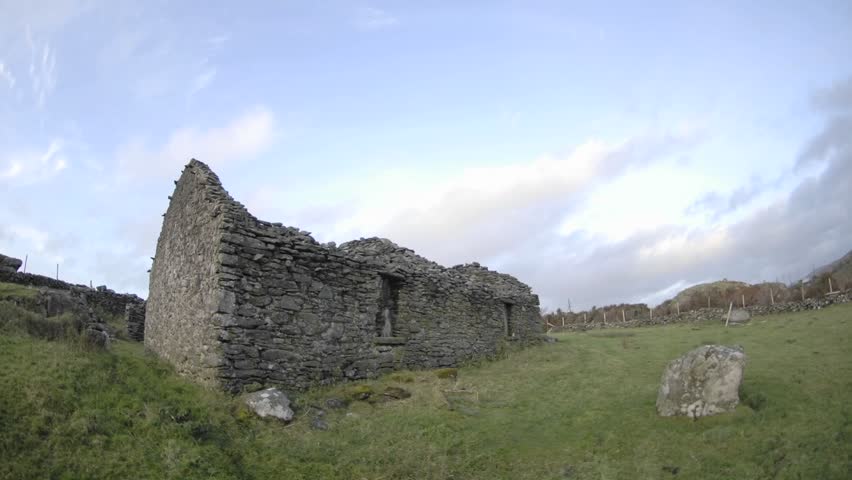 Time lapse of clouds blowing over the ruins in Glencolumbkille, County Donegal, Ireland.