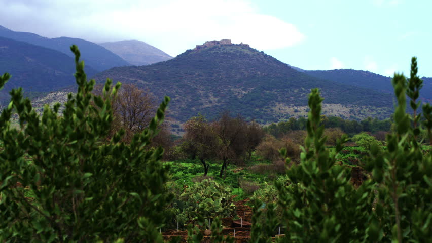 Wide shot of the Nimrod Fortress, in the distance, on top of a mountain in the Golan Heights, Israel.  Framed, in the foreground, by two shrubs with the wind blowing through the greenery.  02/21/2011