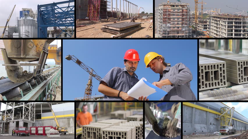 Construction workers, teamwork, split screen