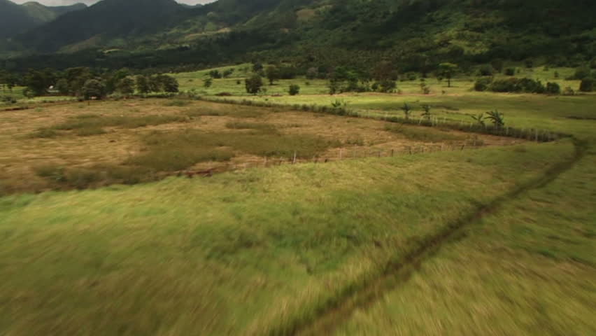 aerial shot from helicopter of savanna with pickup truck