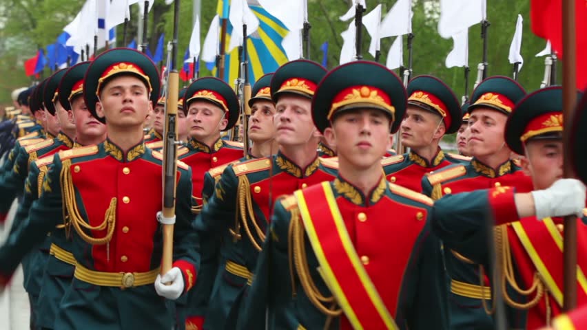 MOSCOW - MAY 8: Navy, air and land forces ranks of soldiers march with rifles on May 8, 2011 in Moscow, Russia