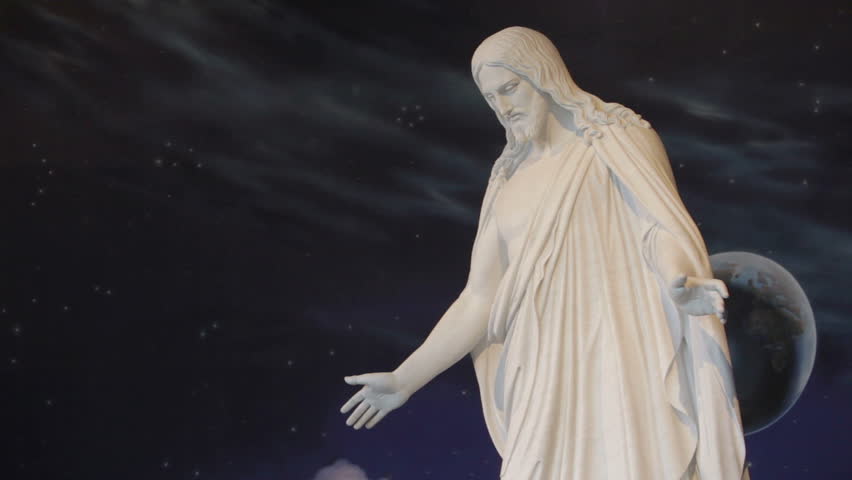 Christus Jesus Christ statue pan across statue in Salt Lake City. LDS Mormon church temple visitor center promoting Christian ideals.