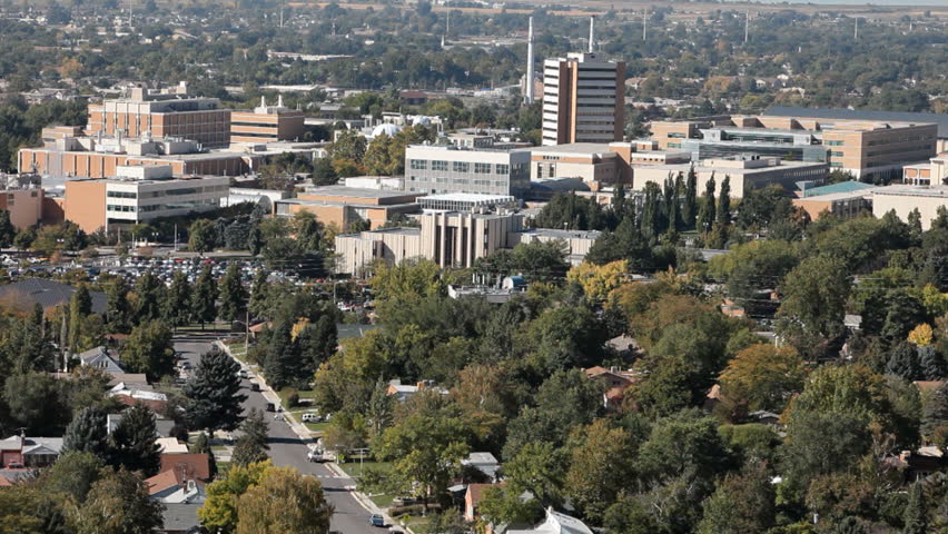 Brigham Young University Provo, Utah. Main campus buildings and roads with traffic. Education center of central Utah. Operated by Church of Jesus Christ of Latter-Day Saints, LDS or Mormon.