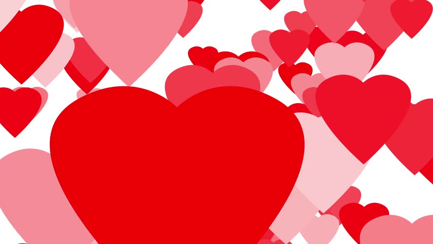 Perfectly seamless loop features Valentine Hearts ascending in shades from red to very light pink on a white background.