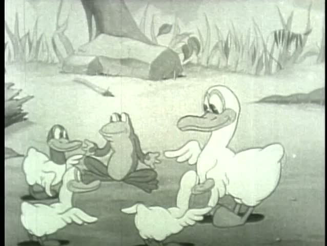 Cartoon of ducks and frog dancing