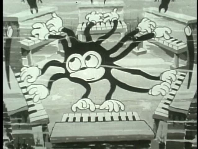 Cartoon ambidextrous octopus playing six pianos