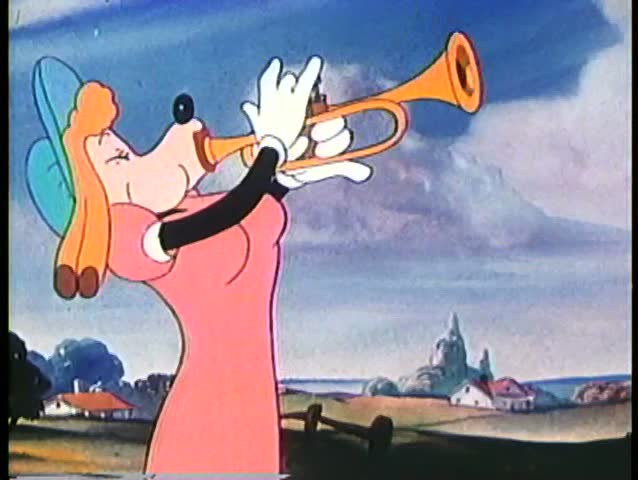 Cartoon of wolf dressed in women's clothing playing the horn