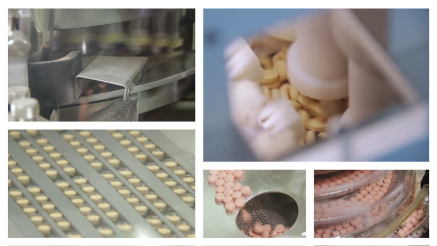 Medicine Production. Pills. Montage shots of pills medicine production line. 