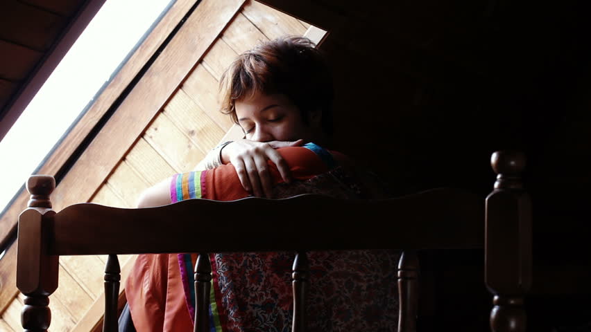 Depression teen girl cried lonely in empty room 