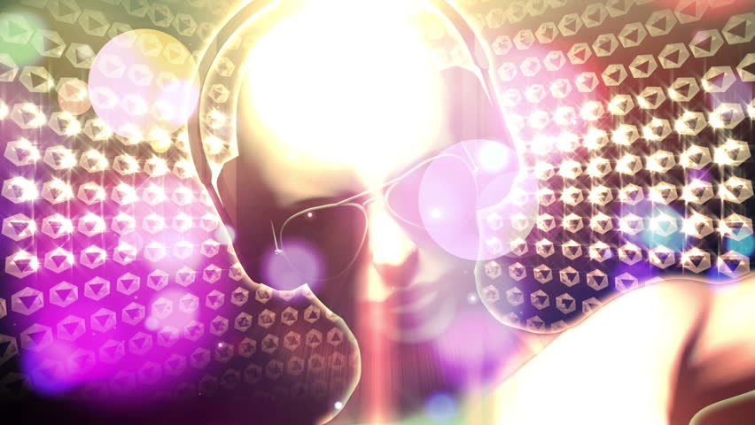 3D woman with headphones AND sunglasses spinning with glow and light streaks and glitter and sparkles. HD 1080 Seamless Loop.