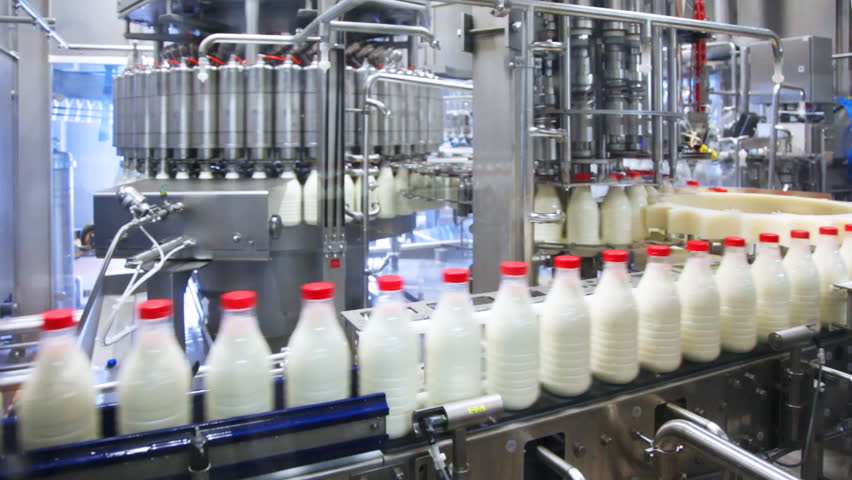 fresh milk poured into bottles, screwed red caps and send to consumers