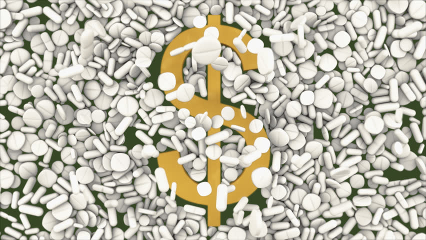 different white pills and drugs falling on dollar sign (FULL HD)