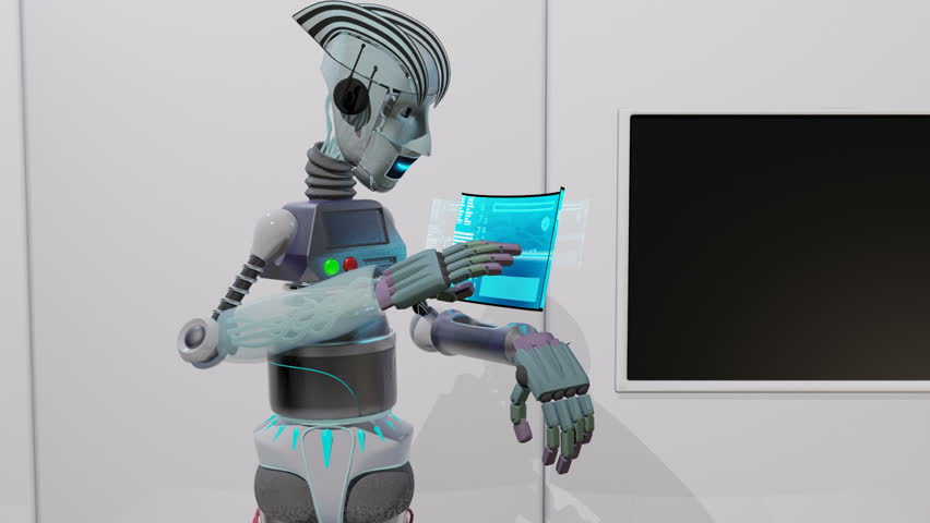 Futuristic 3D robot accessing communication data using touchscreen technology