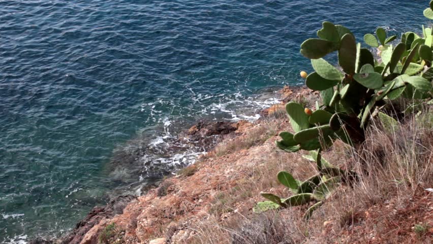 Waves splashing against the coast, Porto Azzurro, Elba Island, Italy.