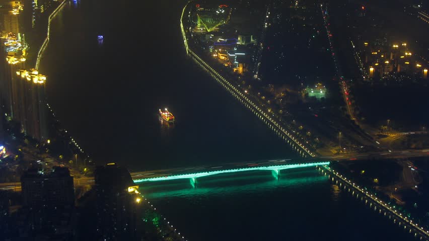 Night city and Pearl river are visible from viewing point TV tower, time lapse 