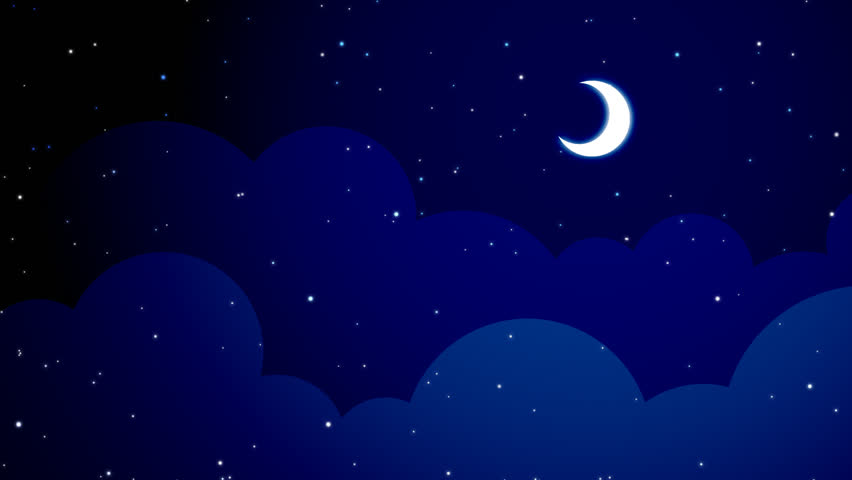A dark blue vector style cloudy night backdrop with a moon.