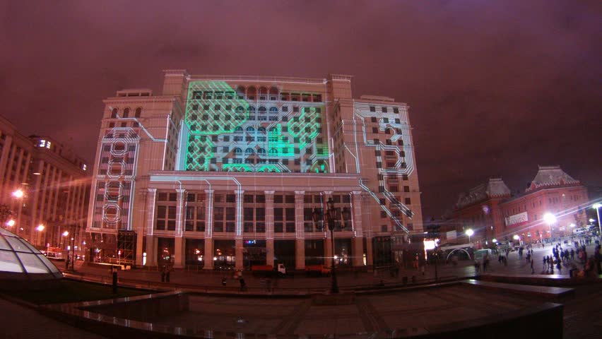 MOSCOW - OCT 21: (Timelapse View) Hotel Moscow stands in light on festival CIRCLE OF LIGHT on Red Square, on Oct 21, 2011 in Moscow, Russia