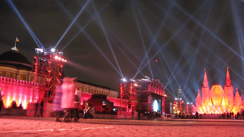 MOSCOW - OCT 21: (Timelapse View) People walk and are photograph on Red Square on festival CIRCLE OF LIGHT on Red Square, on Oct 21, 2011 in Moscow, Russia